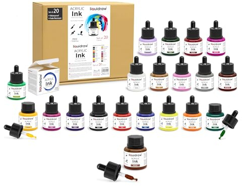 Liquidraw Inchiostro acrilico da disegno – 20 colori assortiti | Flacone da 35 ml con contagocce | Adatto per pittura, disegno artistico e design | per professionisti, artisti, studenti e hobbisti |