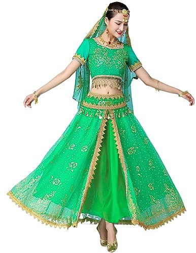 OTMYIGO Vestido de Bollywood, Disfraz de Adulto, Conjunto de Danza India para Mujer, Ropa de Sari para Danza del Vientre, Ropa de actuación de Baile, Conjunto de Falda de Gasa,Verde,L