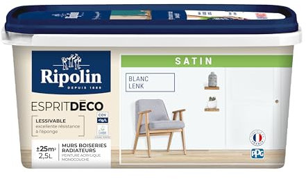 RIPOLIN - Peinture Intérieure Multi-Supports – Murs, Boiseries & Radiateurs – Ultra-Couvrante – Lessivable – Application Facile – Ecolabel - Satin - 2,5L - Blanc Lenk