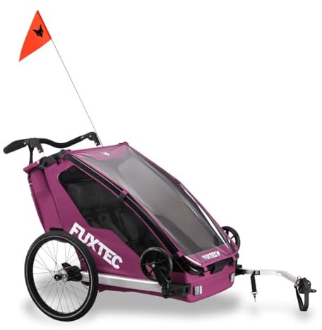 Fuxtec Fahrradanhänger Sportfux mit 2 Sitzplätzen, Hecktasche mit Reflektoren, Schiebegriff, Regen- und Sonnenschutz, faltbar, Purpur FX-FA1