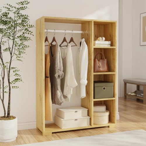 [en.casa] Nesbyen garderobsskåp med klädstång och 4 hyllor ekutseende klädställ för jackor skoförvaring 126 x 90 x 30 cm
