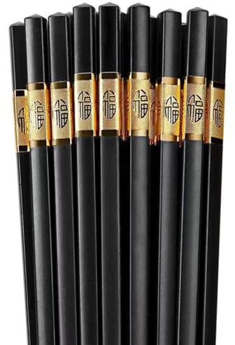 Set di 10 Paia di Bacchette Cinesi Riutilizzabili - Design Moderno e Oro - Lavabili in Lavastoviglie, Resistenti e Ideali per Principianti (Sushi, Ramen, 24 cm)