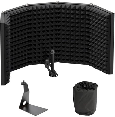 Escudo acustico para microfono XL 5 paneles con aislamiento de espuma absorbente para grabación micrófonos de condensador en estudio + Soporte para mesa + Funda de transporte.