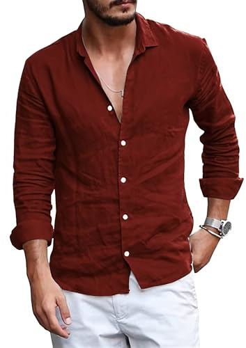 Rodawu Mens Shirts Long Sleeve Button Down Grandad Shirt Cotton Linen Shirts Casual Red Shirt M