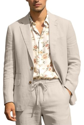 Men's 2 Piece Linen Suits for Summer Beach Wedding Beige Suit for Men M