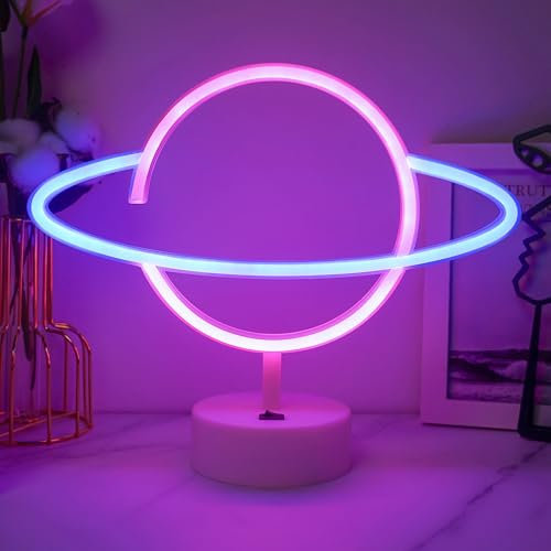 Insegne al neon a forma di pianeta, blu e rosa, insegna luminosa a LED alimentata da batteria/USB, luce notturna per camera da letto, insegne al neon con base, luci al neon a LED, per feste di