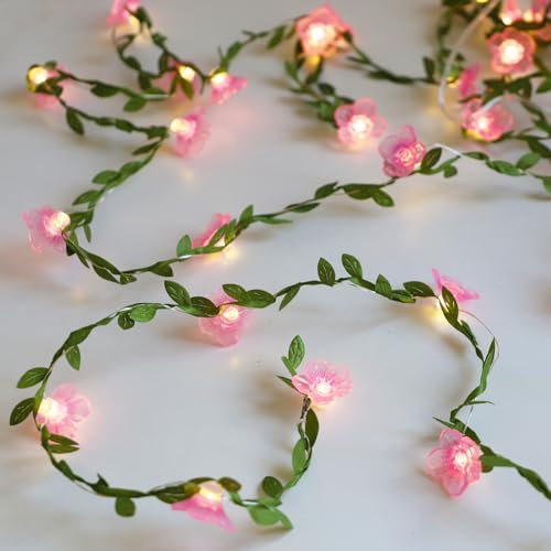 Cherry Blossom Decor Flower String Lights Vines with Fairy Lights Christmas, 30 LED Copper with Remote Control Battery Operated Pink Flower Garland Leaf for Locker,Bedroom, Wall,Christmas Decorations