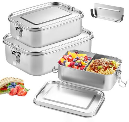 SUNOYA Lot de 3 Boîte a Bento En Acier Inoxydable, Lunch Box Inox, avec Compartiment, pour Pique Nique, Travail, Ecole, 850 Ml / 1400 Ml / 2400 Ml