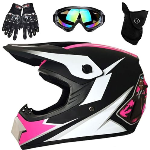 Integralhelm-Set für Kinder, MTB, mit Schutzbrille, Handschuhen und Maske, für alle Jahreszeiten, Motorrad-Offroad-Schutzausrüstung, DOT-geprüft(Pink Ghost,L(56-57cm))