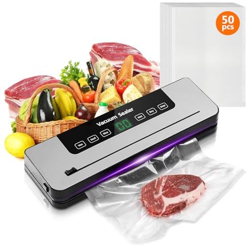 Vacuum Sealer Machine with 50 Vacuum Bags, 6 in 1 Food Vacuum Sealer with Intelligent Display and Built-In Cutter, for Keeping Meat Vegetables Snacks Fruits Grains Fresh