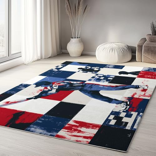 Generico Tappeto Shaggy Extra Soffice - Modello Patchwork Baseball Blocchi di Colore Shabby Chic Antiscivolo Lavabile Tappeti - Ideale per Salotto, Camera da Letto - 80 x 150cm
