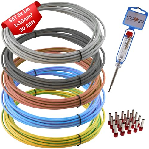 Verdrahtungssatz 10mm² H07V-K Aderleitung flexibel Set 5x1m inkl. 20x Aderendhülsen Verdrahtungsleitung ideal für Zählerplatz, Erdungskabel & Verdrahtungsbrücken