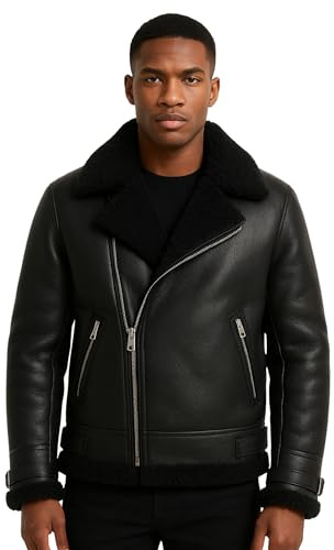 TRESSANO Chaqueta de aviador de aviador negra para hombre con forro de piel de oveja sintética, abrigo clásico de piloto de vuelo de invierno, Negro -, Medium