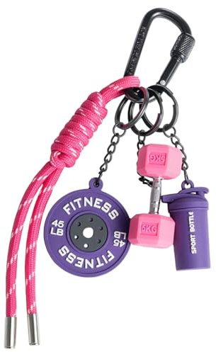 VOYANTE Gym Keychain, Cartoon Dumbbell Keychain, Key Chain with Pink Barbell & Purple Kettlebells Pendant, Gym Accessories for Bag & Wallet, Ideal Fitness Gifts for Men Women Sports Lovers & Trainer