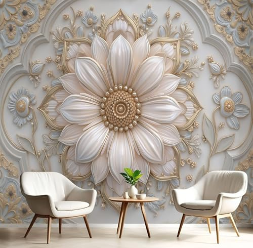 Papel Pintado Pared Realismo, 250x175cm Papel de Pared Panorámico Relieve De Girasol En 3D Póster Gigante Fotomurales Decorativos Murales Para Salón Dormitorio Habitación De Niños, Beige