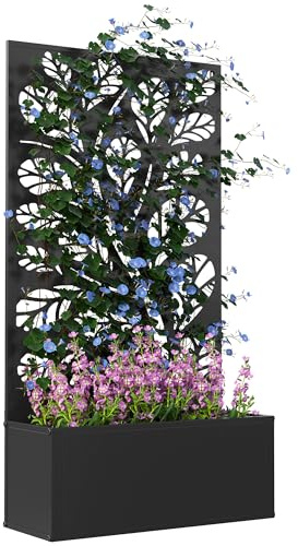 Outsunny Jardinière avec Treillis, Brise-Vue paravent, jardinière extérieure métal sur Pieds ou Murale, Motif de Feuilles Rondes, bac à Fleurs rectangulaire Balcon terrasse, 61x23x113cm, Noir