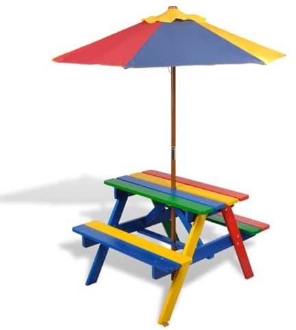 Generico Tavolo e Panchine per Bambini con Parasole Legno Multicolore,Tavoli da Giardino
