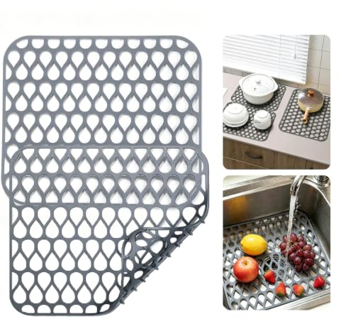 AUTITANMOX Silicone Sink Protector Mat Kitchen Sink Protector Mat Folding Non Slip Sink Protectors Grey Sink Protector Mat Heat Resistant Protector Mat Dishes and Glassware Drain Mat (34.5*29.5CM)