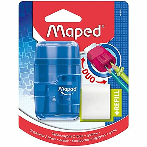 Maped - Material Escolar - DUO Sacapuntas + Goma Connect - 2 Orificios para Afilar - Sacapuntas con Compartimento para Virutas - Incluye Goma de Recambio - 3 Diseños Translúcidos