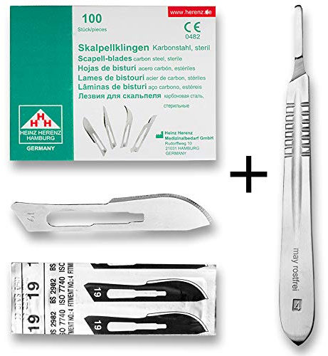 Set avec 100 x lames de scalpel N° 19 - Lame stérile en acier au carbone et 1 x May - manche de scalpel Figure N° 4 en acier inoxydable