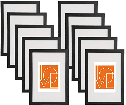 WOLTU Bilderrahmen 13x18 cm, 10er Set, Schwarz Holz MDF, Collage Wanddeko, Holzrahmen mit Passepartout, Fotorahmen zum vertikalen oder horizontalen Aufhängen/Aufstellen