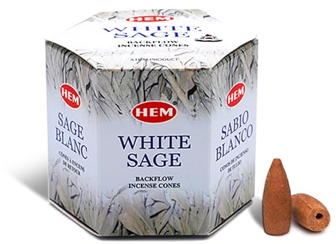 HEM Coni di incenso a riflusso alla salvia bianca, confezione da 40 coni marroni, aroma naturale di lunga durata per positività, pulizia e meditazione, polvere di legno per aromaterapia per alleviare