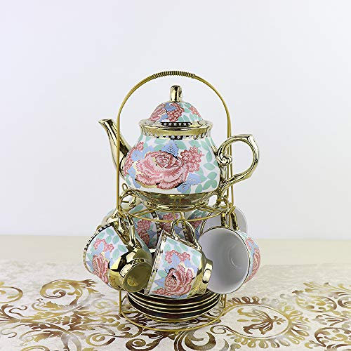 Ray-Velocity Home Service à thé en Porcelaine Service à Thé Café Porcelaine Anglaise Tasses à Café et Soucoupes Théière pour Thé de L'après-midi China Rétro et Rose Pattern Vintage Européen Service