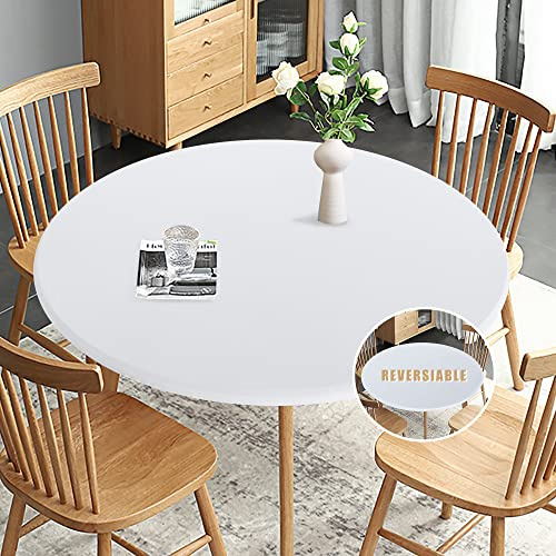Obstal Fitted Round Table Cloth, Reversible Waterproof Stain Resistant Elastic Stretch Tablecloth, Wipe Clean Table Cover for Outdoor/Indoor Use, Fits Round Tables up to 30 - 36 Diameter, White