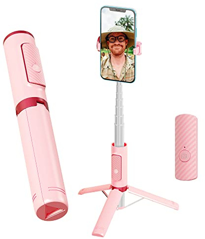 Selfie Stick, Foldable Cellphone Tripod with Remote, Travel Tripod for iPhone Series Android, Video Recording - Pink