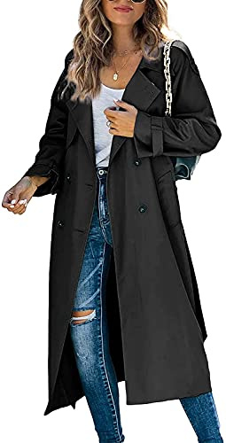 Loalirando Women Casual Long Trench Windproof Coat with Belt Solid Colour Double-Breasted Lapel Collar Windbreaker Jacket Spring Autumn Coat S-2XL