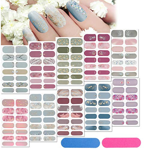 Maitys 140 Pcs 10 Sheets Glitter Full Wrap Nail Stickers for Women Short Polish Strips Gradient Stickers Self Adhesive Easy DIY Manicure Decals Strips with 2 Pcs Nail Files for Holiday Decor