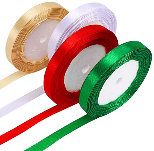 JUNEBRUSHS 4 Rolls 100 Yards Christmas Ribbons 10mm Wide Holiday Satin Ribbons Fabric for Gift Wrapping and DIY Craft(Red Green, Gold White)