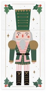 PartyDeco Servietten Bestecktasche 10x20cm Nussknacker 6 Stück - Besteckservietten Weihnachten - Einweg Papierservietten Weihnachtsservietten - Weiß Grün Gold