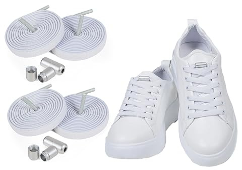 ELANOX® Lacci elastici senza bisogno di legare 8mm per 2 paia di scarpe – Extra forti con chiusura in metallo – Lacci in gomma piatti per sneaker e sport, bianco, 1 Meter + dehnbar