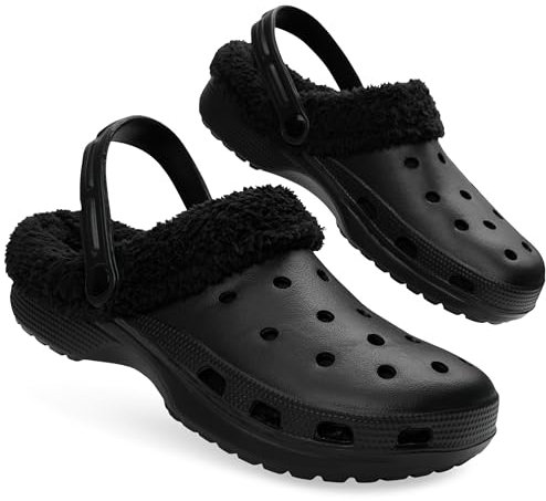 CityComfort Herren Clogs mit Fleecefutter, Warme und Bequeme Hausschuhe – Geschenke für Männer (Schwarz,44 EU)