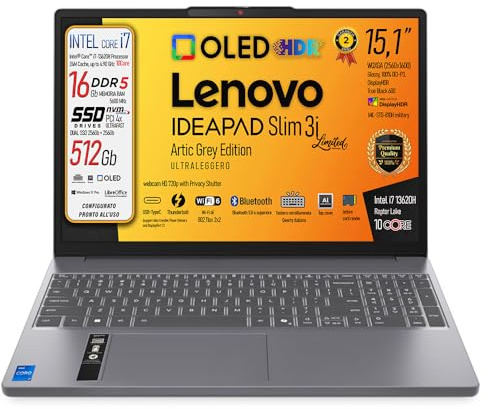 Lenovo, pc portatile Notebook, i7 13620H 10Core, Ram DDR5 16Gb, Display OLED 15,1 WQXGA 165Hz, SSD Pci 512Gb (2 x 256Gb), Wi-Fi 6, Bt, USB, Tastiera retroilluminata, Win11 Pro, Pronto all'Uso