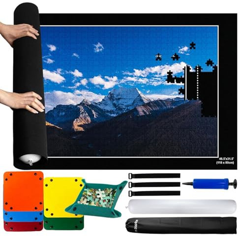 rflaueo 2000 Piece Puzzle Mat Roll Up Felt Puzzle Roll Up Mat with 6 Colored Sorting Trays & Storage Bag & Black Pump, Jigsaw Felt Mat with Anti-Leak Tube & 3 Elastic Bands