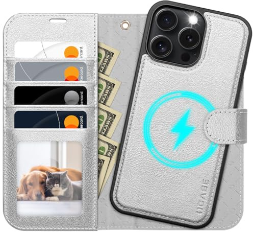 OCASE for iPhone 16 Pro Max Case, Detachable 2 in 1 PU Leather Wallet Case with RFID Blocking, Wireless Charging, Card Holders, Kickstand, Shockproof Removable Phone Cover, Silver