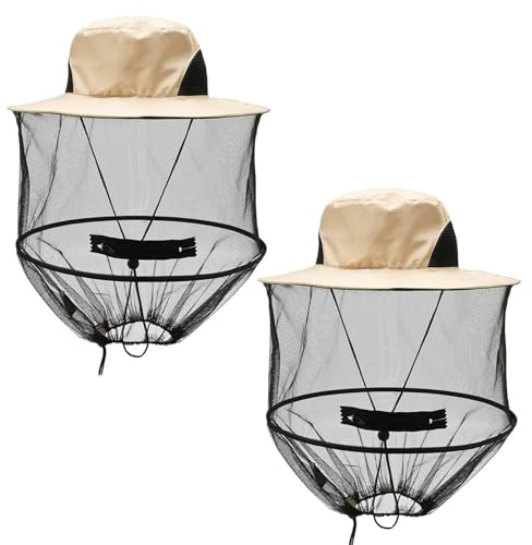 MIPIACE 2 Pezzi Cappello Zanzariera Cappello con Rete Anti Insetti Pieghevole Cappello da Apicoltore Cappello Antizanzare per Escursionismo all'aperto Campeggio Pesca Cappello da Giardino (Beige)