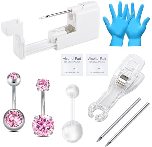 WillTen, kit per piercing da 10 pezzi con pistola, aghi extra da 13G e 14G, barra per ombelico in acciaio chirurgico 316L per ombelico, setto, naso, capezzolo, lingua, 10mm, 12mm, 14mm, Metallo