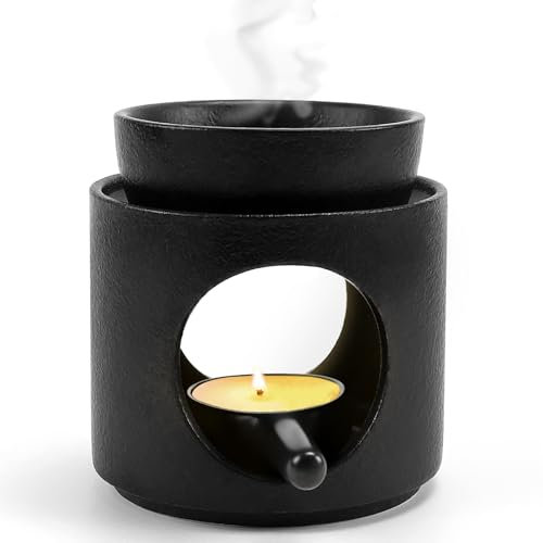 QGGTQG Duftlampe mit Teelichthalter Keramische duftlampe teelicht Aromalampe für Ätherische Öle H11cm x B 10cm Duftlampe Ambiente Teelicht mit Abnehmbare Schale Öl- und Wachsdiffusor (Schwarz)