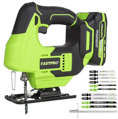 FASTPRO 20V Cordless Jig Saw Kit, Electric Jigsaw with 10pcs Blades & Laser Guide, Included 2.0 Ah Battery, Charger and Edge Guide