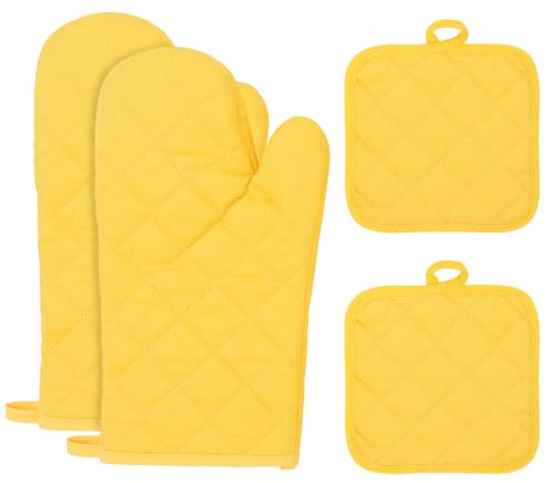 Set di 4 Guanti da Forno, Extra Lunghi Guanti da Forno Resistenti al Calore e Antiscivolo, in Morbido Cotone per Cucinare, Grigliare, Cuocere al Forno, Barbecue, Microonde (Giallo)