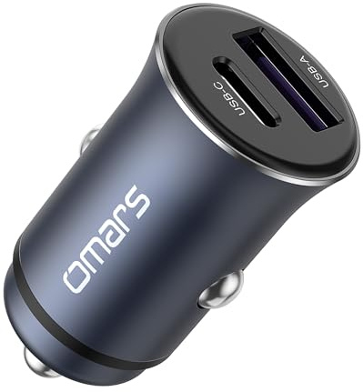 Omars Caricabatterie Auto USB C 35W + USB A 18W - Caricatore Rapido QC3.0 per iPhone 14/15/16, Samsung S21/S22, Huawei, iPad, AirPods - Doppia Porta, Design Metallo, Universale