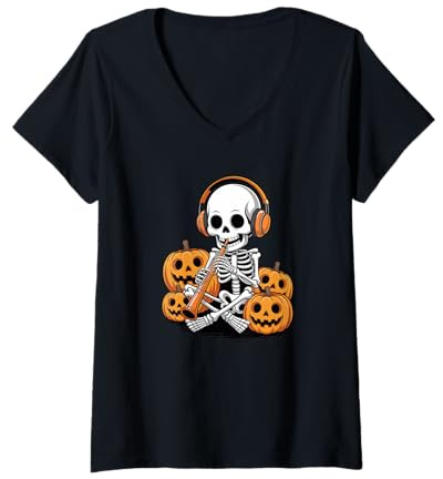 Donna Halloween Scheletro Oboe Oboista Maglietta con Collo a V