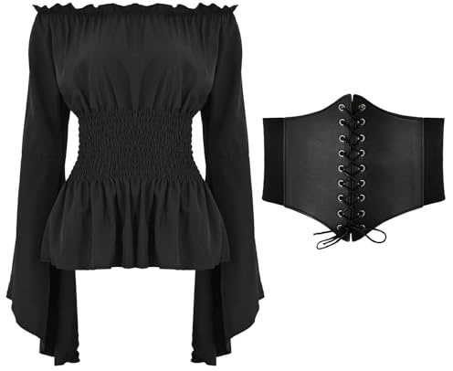 Camisa Pirata Mujer con Cintura de Corsé Disfraz de Pirata para Mujer, Blusa Medieval Renacentista con Hombros Descubiertos Vicotrian Gothic Retro Bell Sleeve Top Retro para Halloween, Carnaval
