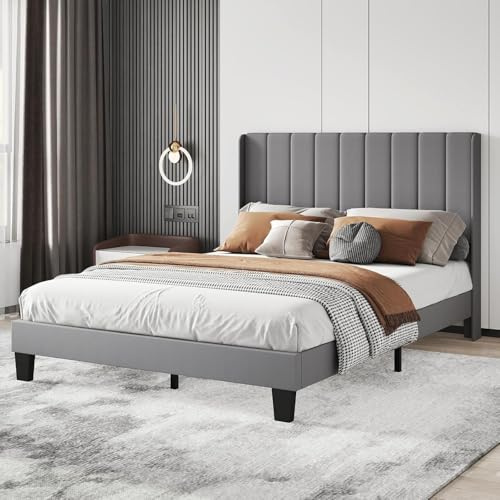 Levede Double Bed Frame Upholstered Platform with Wingback Headboard,Linen Fabric,Wooden Slat Support,Noise-Free Sturdy Base,No Box Spring Required,4ft6 Double Bed for Bedroom,Grey