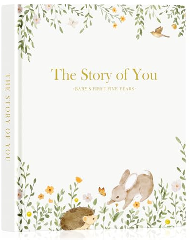 Lanpn Baby Memory Book for Boy Girl - The Story of You, Newborn Babys Book Keepsake Photo Album for New Parents, Leather Cover Baby First 5 Year Milestone Journal Scrapbook (154 Pages)