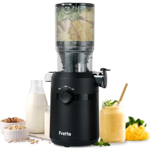 Fretta Estrattore frutta e verdura, apertura 108MM e capacità di 1L estrattore di succo, 200W centrifuga Lenta, 99% nutrienti preservati, senza BPA, facile da smontare e pulire
