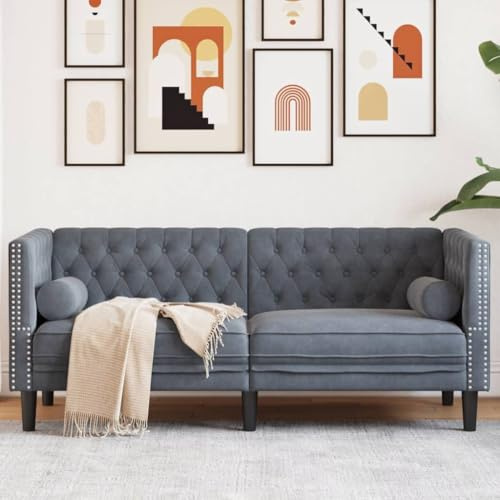 Mandloder Sofá Chesterfield de 2 plazas, color gris oscuro, funda de terciopelo de lujo, incluye rodillos, ideal para salón, diseño moderno, estructura de madera resistente